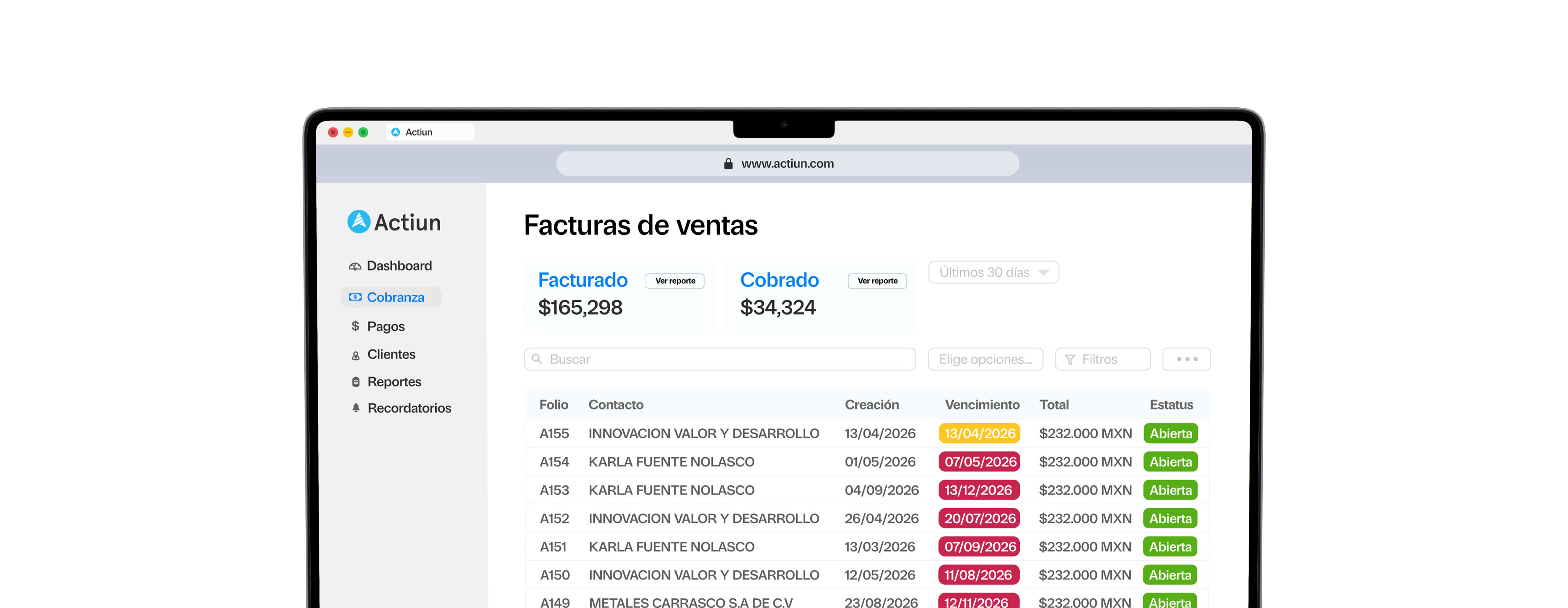 Vista de facturación electrónica Actiun en MacBook Pro